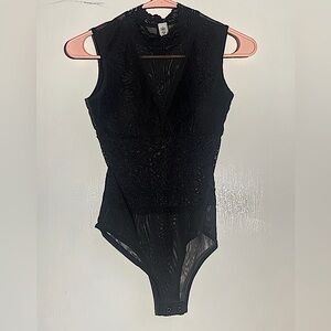 Black lace bodysuit, mock neck